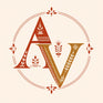A decorative monogram logo featuring the letters A and V in a warm rust red and mustard gold color scheme, surrounded by a circular border and ornamental floral motifs on a light cream background.